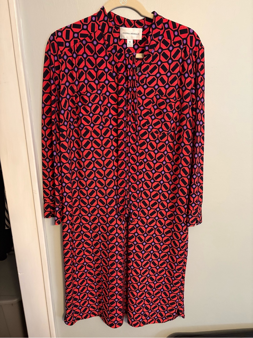 Donna Morgan Pink and Black 3/4 Sleeve Geometric Dress w/ Belt